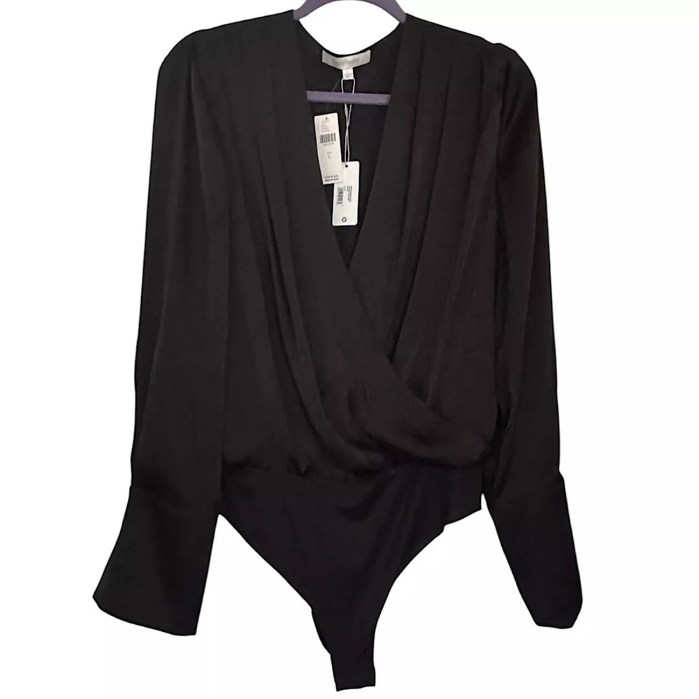 NWT Favorite Daughter Chiffon Bodysuit Black Women’s Size L Long Sleeve Pleated